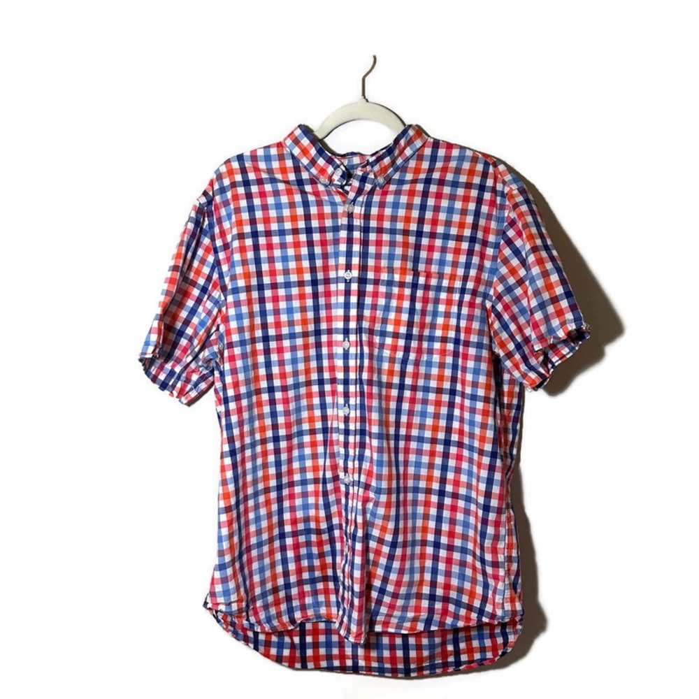 Old Navy Red, Orange & Blue Plaid Short Sleeve Button Down Shirt Size XL